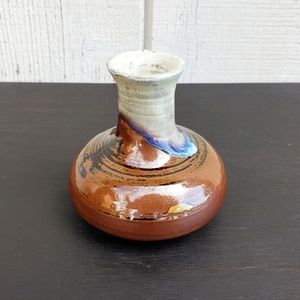 Signed Hand Made Art Pottery Brown Blue Vase